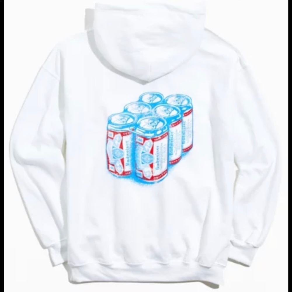 Budweiser Six Pack Beer Graphic Novelty Print White Pullover Hoodie NWT